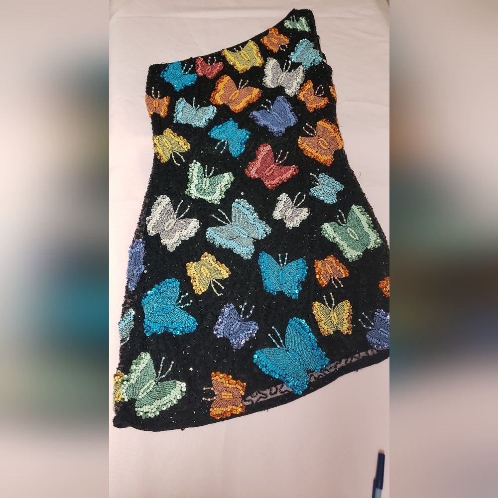 Mac Duggal Black One-Shoulder Mini Dress with Multicolor Butterfly Motif - Picture 3 of 5